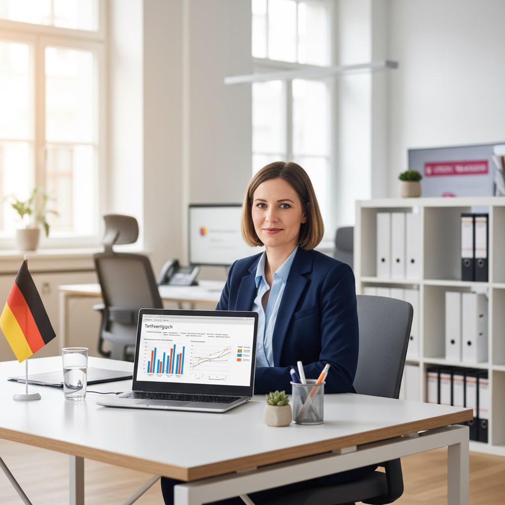A professional German customer service consultant working in a modern office, sitting at a desk with a laptop displaying tariff comparison charts. Realistic business environment, natural daylight, modern workspace, no futuristic elements, no AI or holograms, no robots, no glowing effects. Clean office, authentic photography style, high quality, trustworthy, professional, square composition, centered subject, suitable for a website.